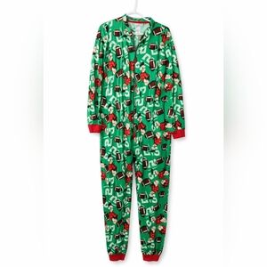 🎄 Men’s Christmas Pajama One-Piece Santa & Football Print Size L Fruit of Loom
